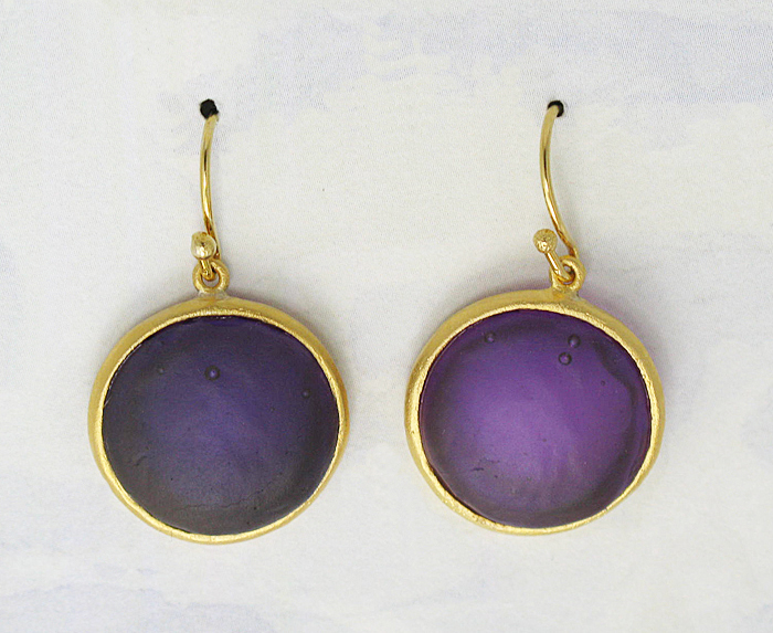 Round Cast Glass Drop Earrings in Purple